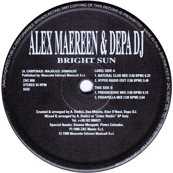 Alex maereen and depa dj-bright sun-(zac 090)-vinyl-1996-idf