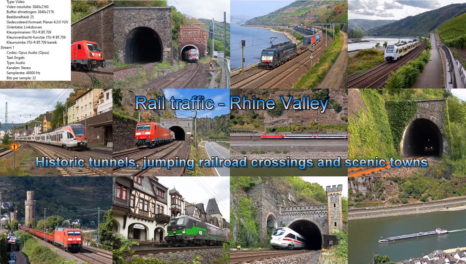 Rhine Valley - rail traffic - Historic rail tunnels, jumping railroad crossings, scenic towns 4K