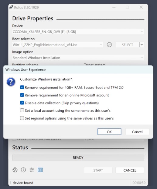 Rufus 3.22 Windows 11 installeren zonder hardware eisen en MS account