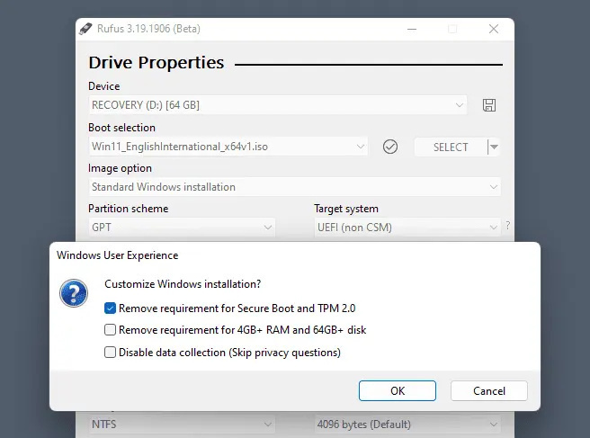 Rufus 3.19 (Beta) Windows 11 installeren zonder Microsoft-account