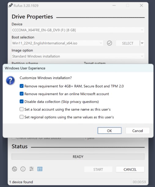 Rufus 4.01 Windows 11 installeren zonder hardware eisen en MS account
